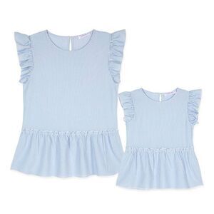 Matchables by Sunshine Swing | Blue Stripe Ruffle-Sleeve Top Mommy and Me Set